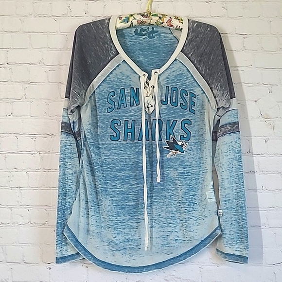 Y2K San Jose Sharks Hockey Long Sleeve Tie Front Blue Gray Top Shirt Womens Sz S - Picture 1 of 14